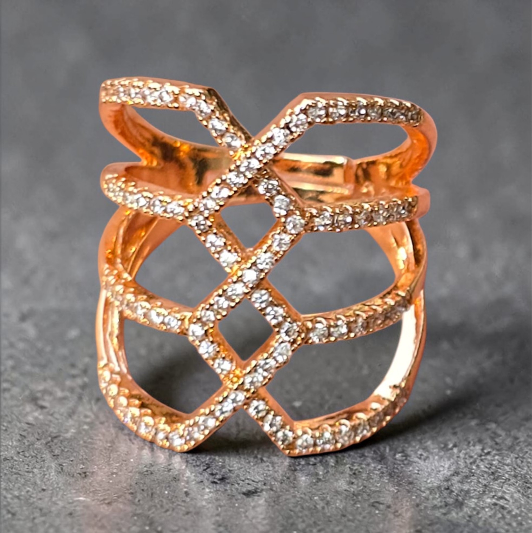 Barsava Rose Gold Criss-Cross Zircon Ring