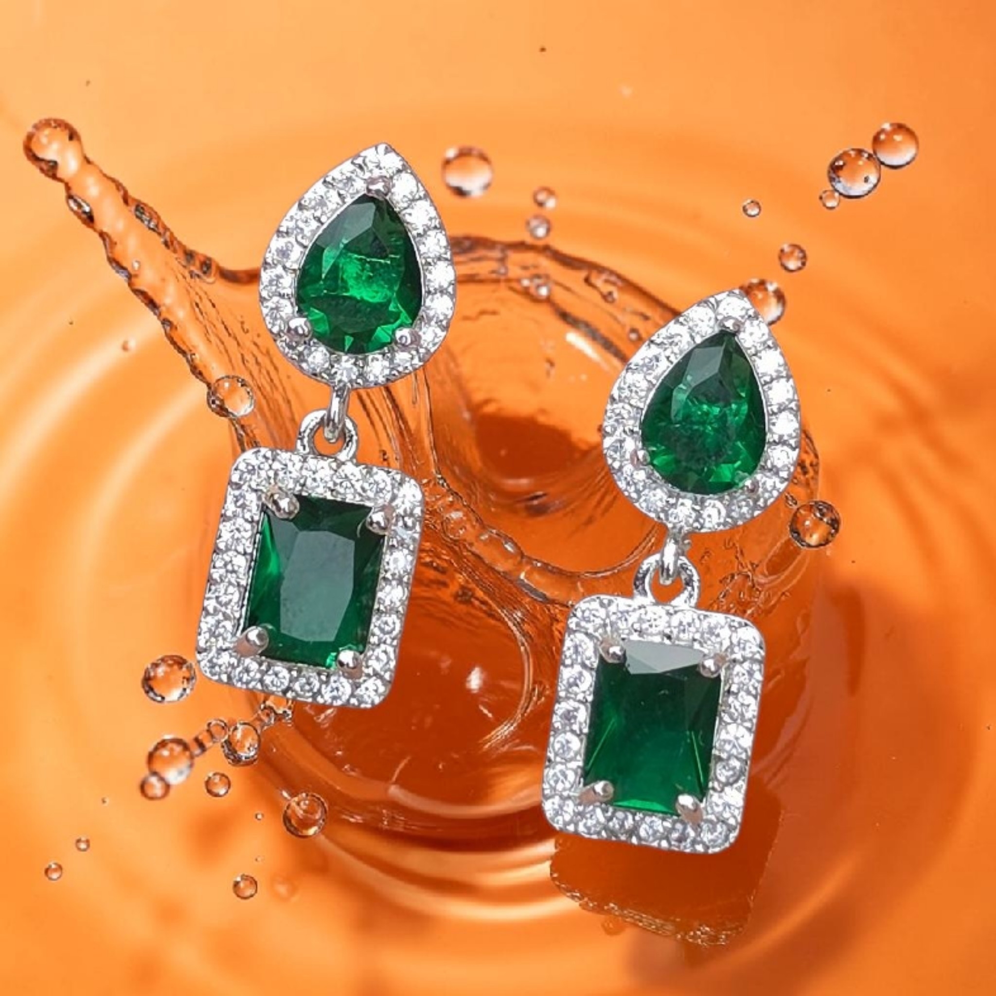 Luxe Green Emerald Crystal Double Drop Earrings