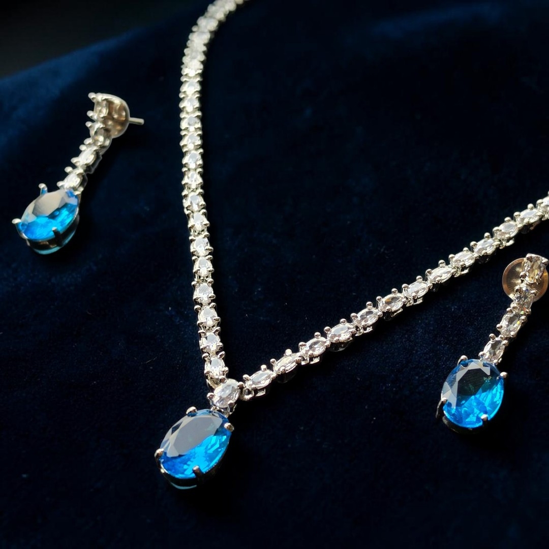 Silver-Tone Blue Stone & Crystal Necklace