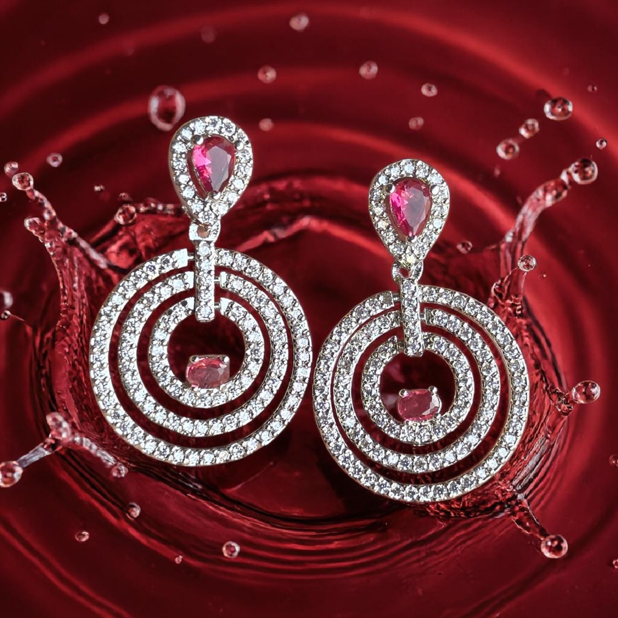 BARSAVA Statement Ruby & Diamond Circular Drop Earrrings