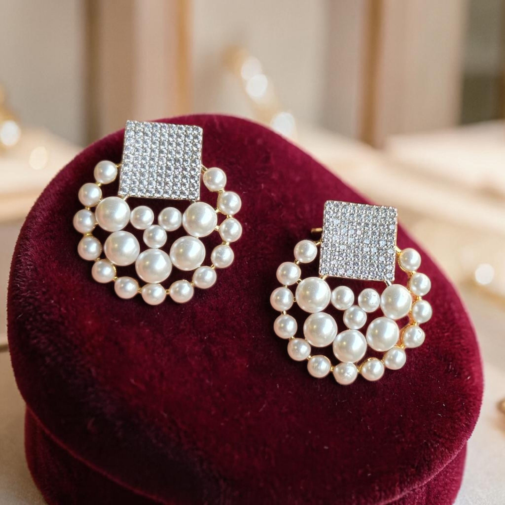 Elegant Pearl & Crystal Statement Earrings – Geometric Square Design