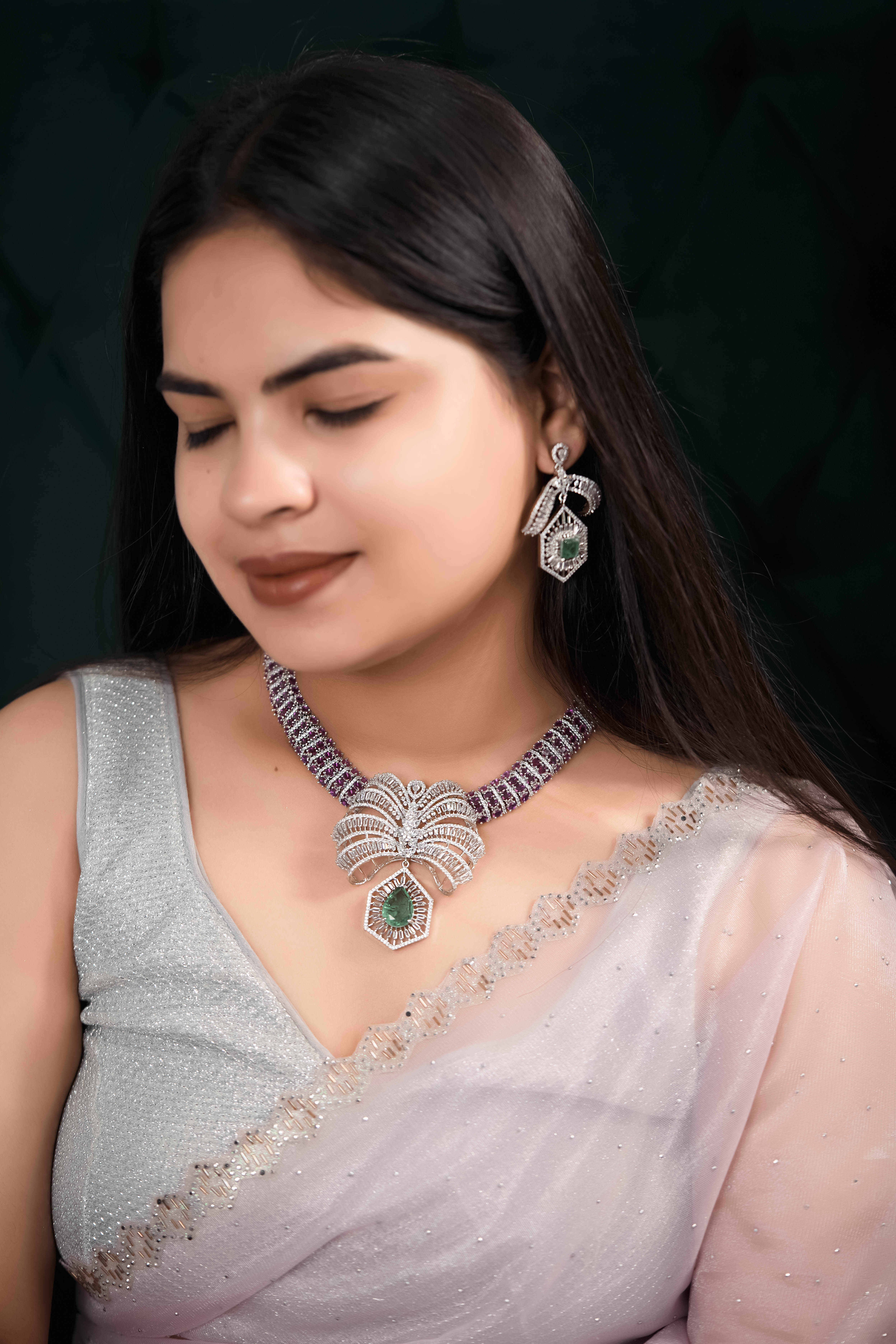 Luxury Queen Pink Choker With Emerald Green CZ  Flower Bow and Earings