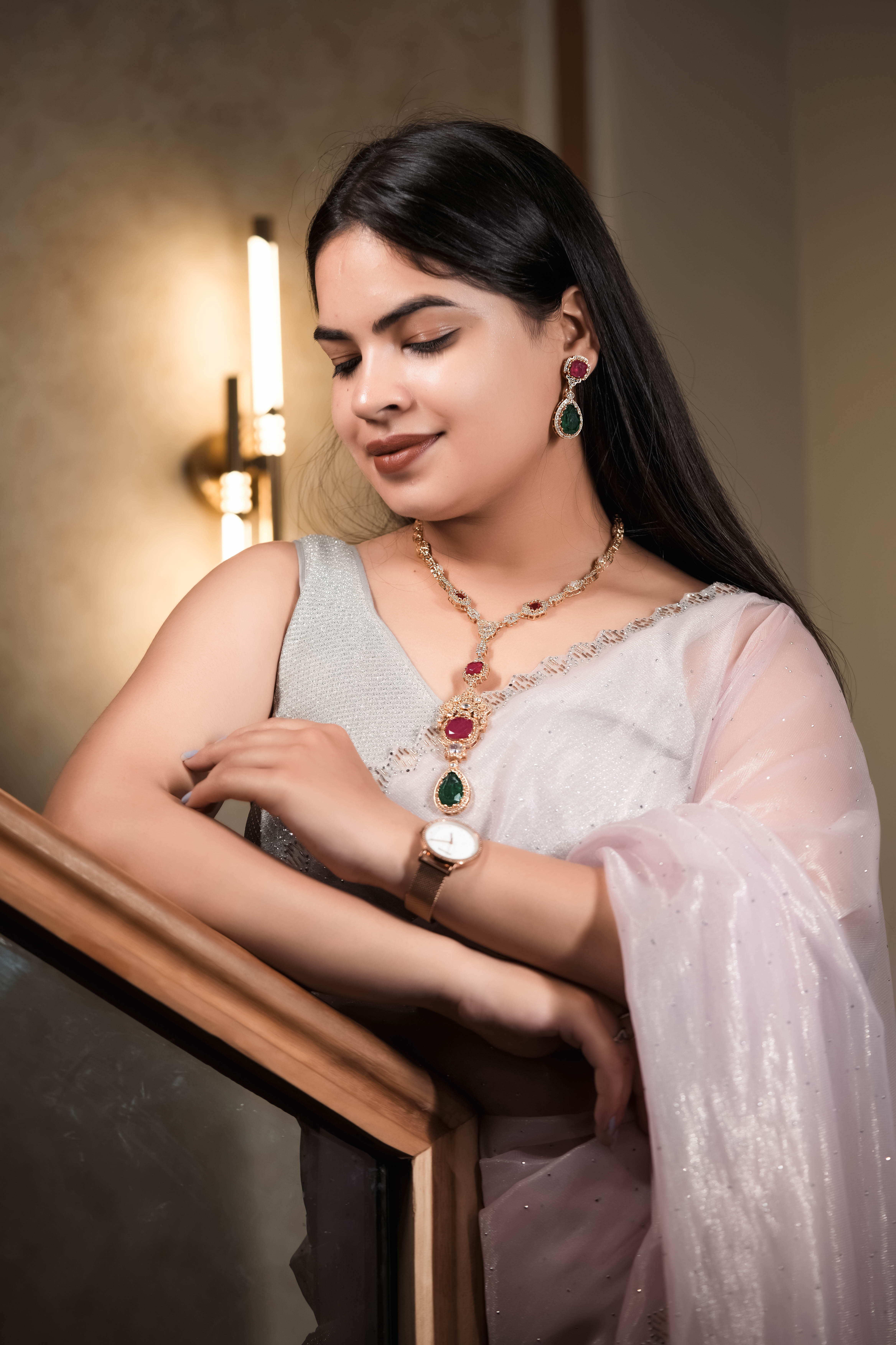 Vintage Dual-Tone Ruby & Emerald Drop Necklace Set with Matching Earrings 