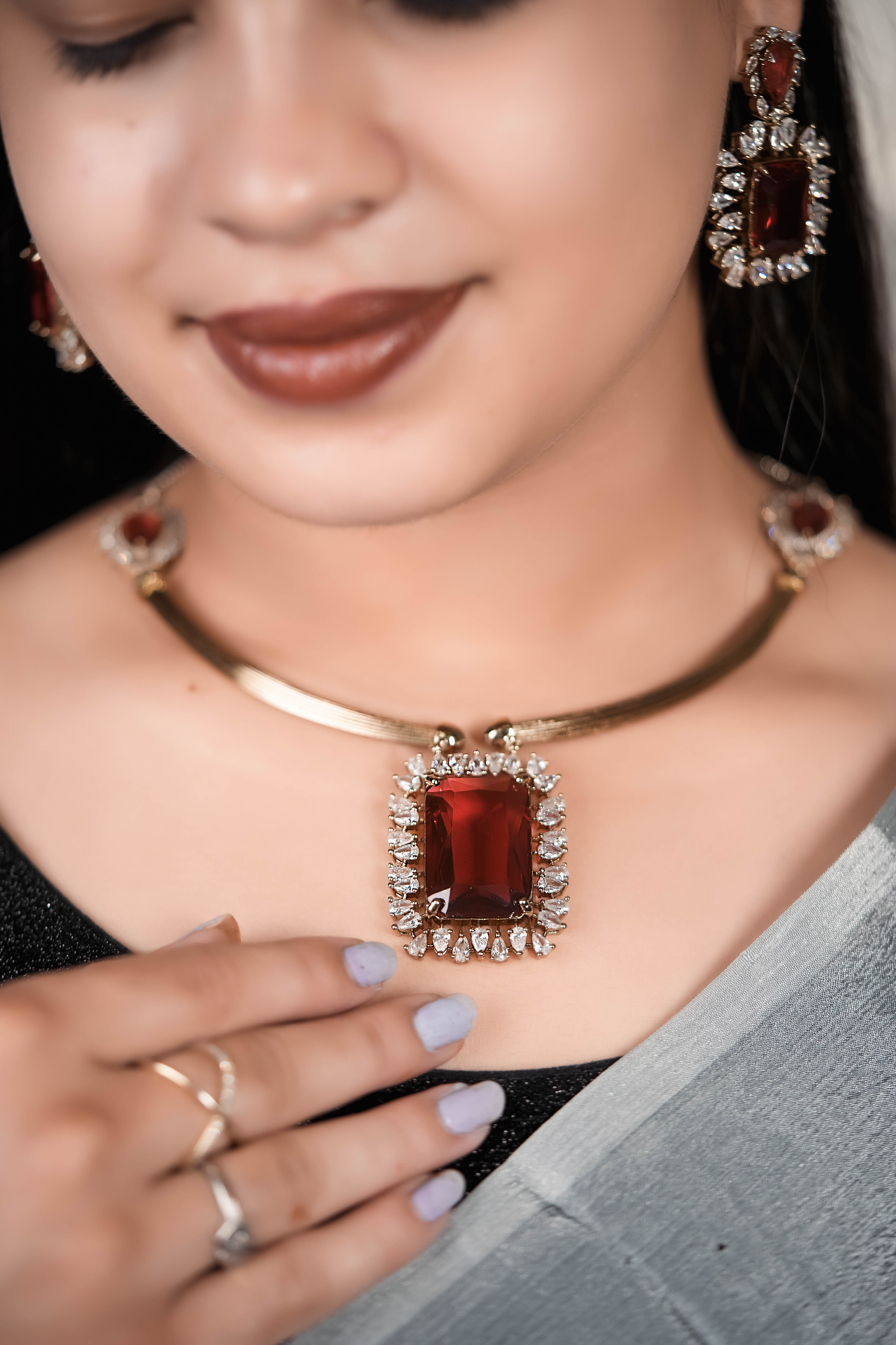 Ruby Red Crystal Pendant Choker Necklace Set with Earrings