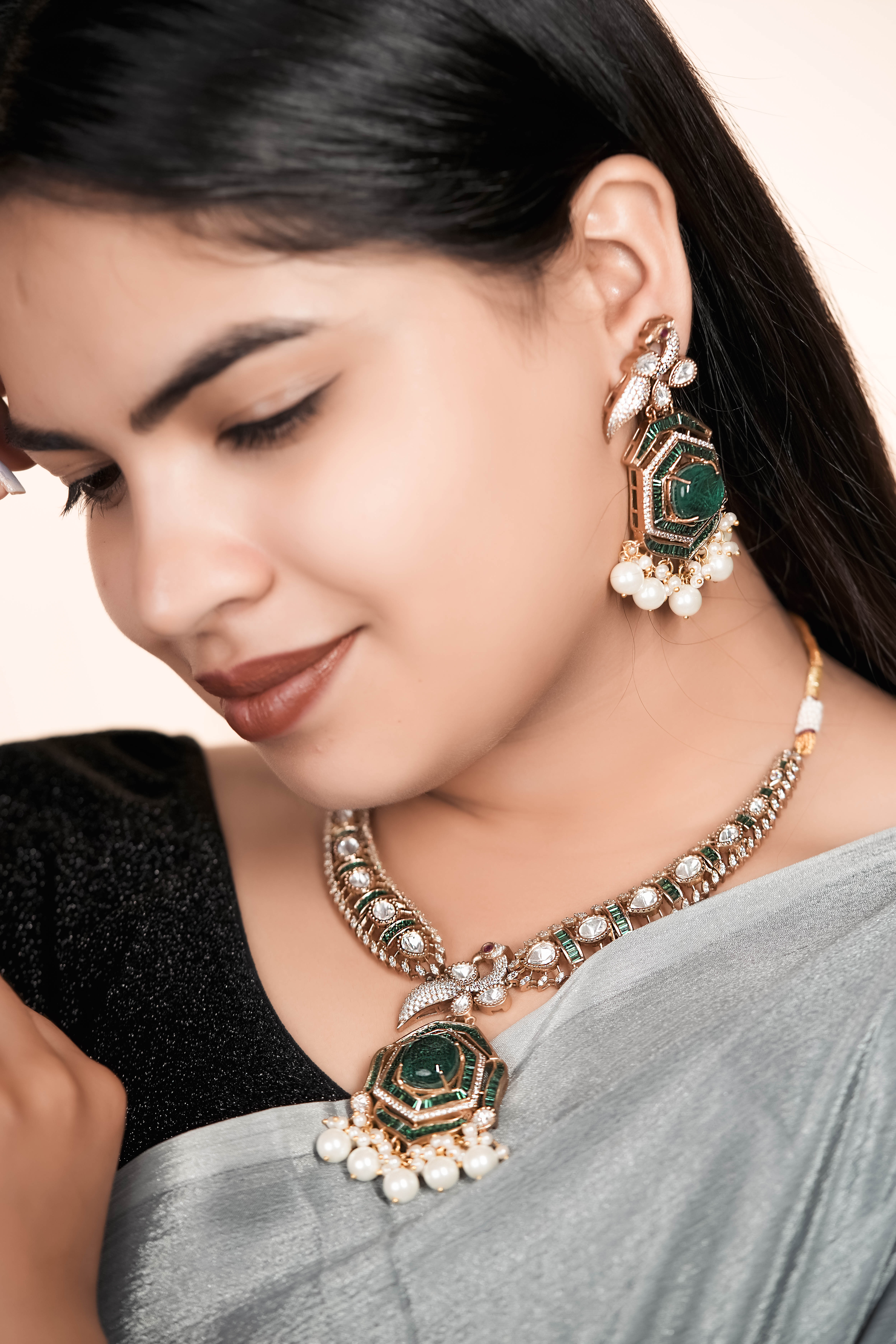 Premium Moissanite Peacock Necklace Set with Emerald Green Centerpiece with Pearl Drop.