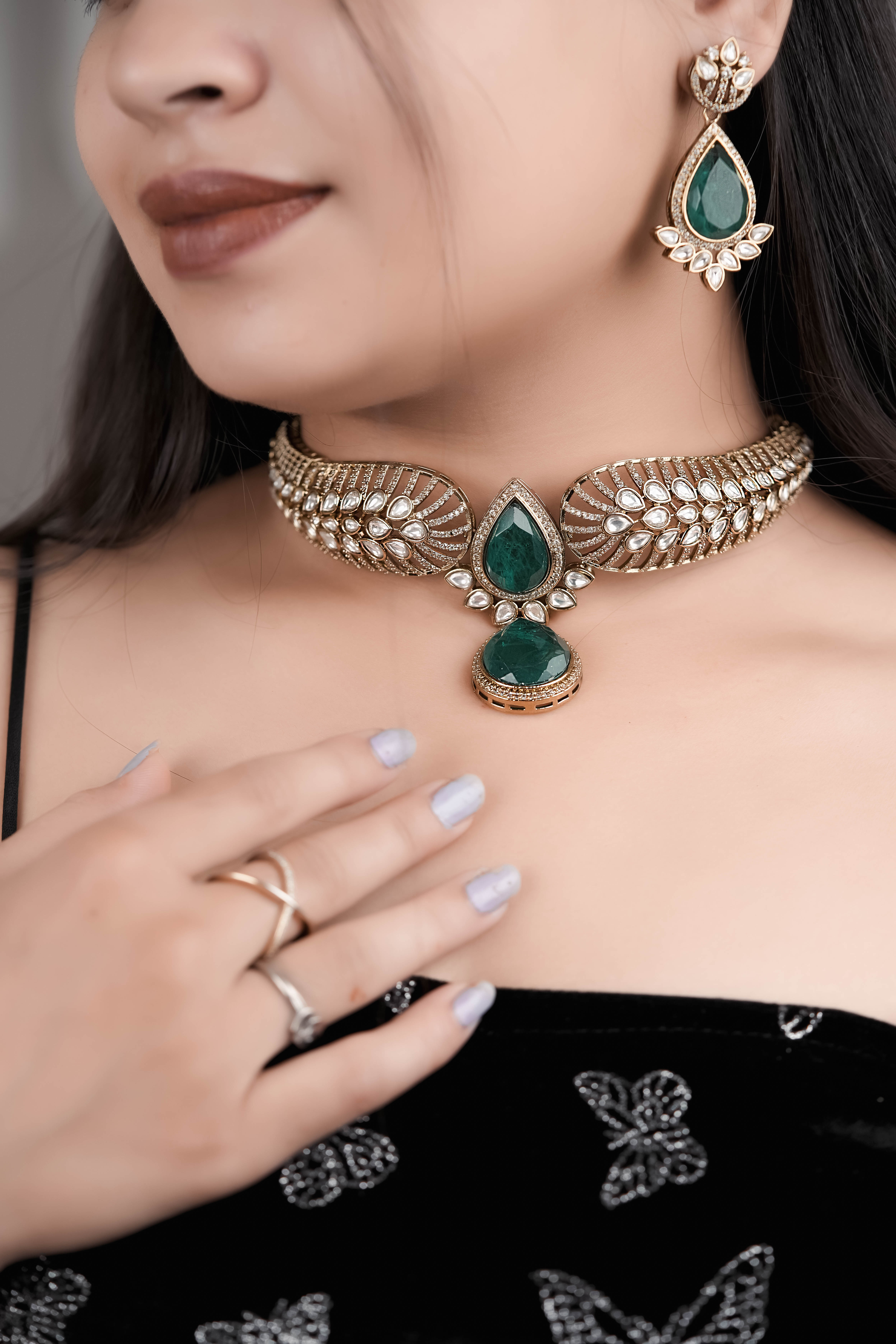 Moissanite Emerald Green Doublet Choker Necklace Set