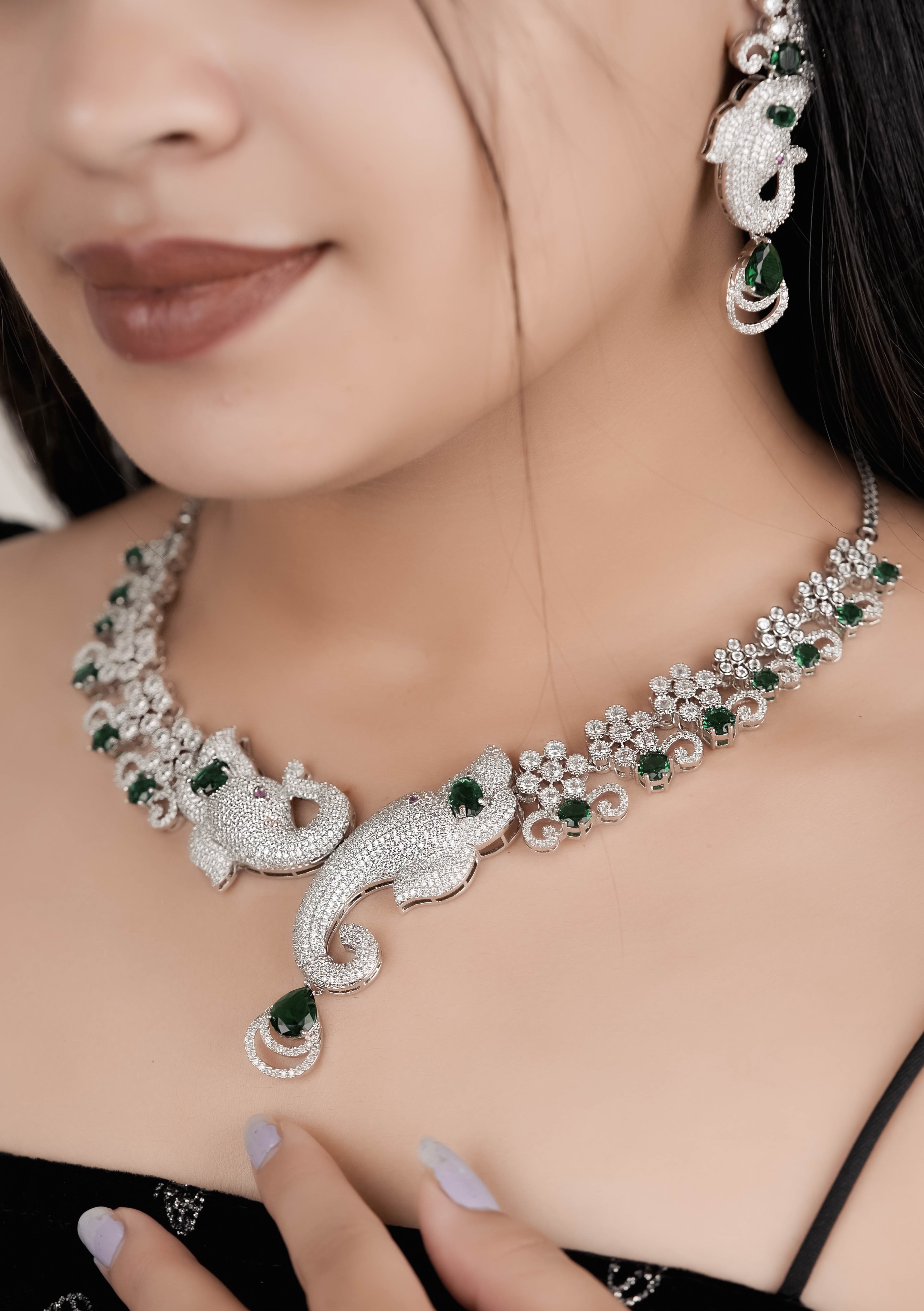 Royal Gajanan Elephant Motif Necklace Set with High-End AD Stones & Emerald Accents