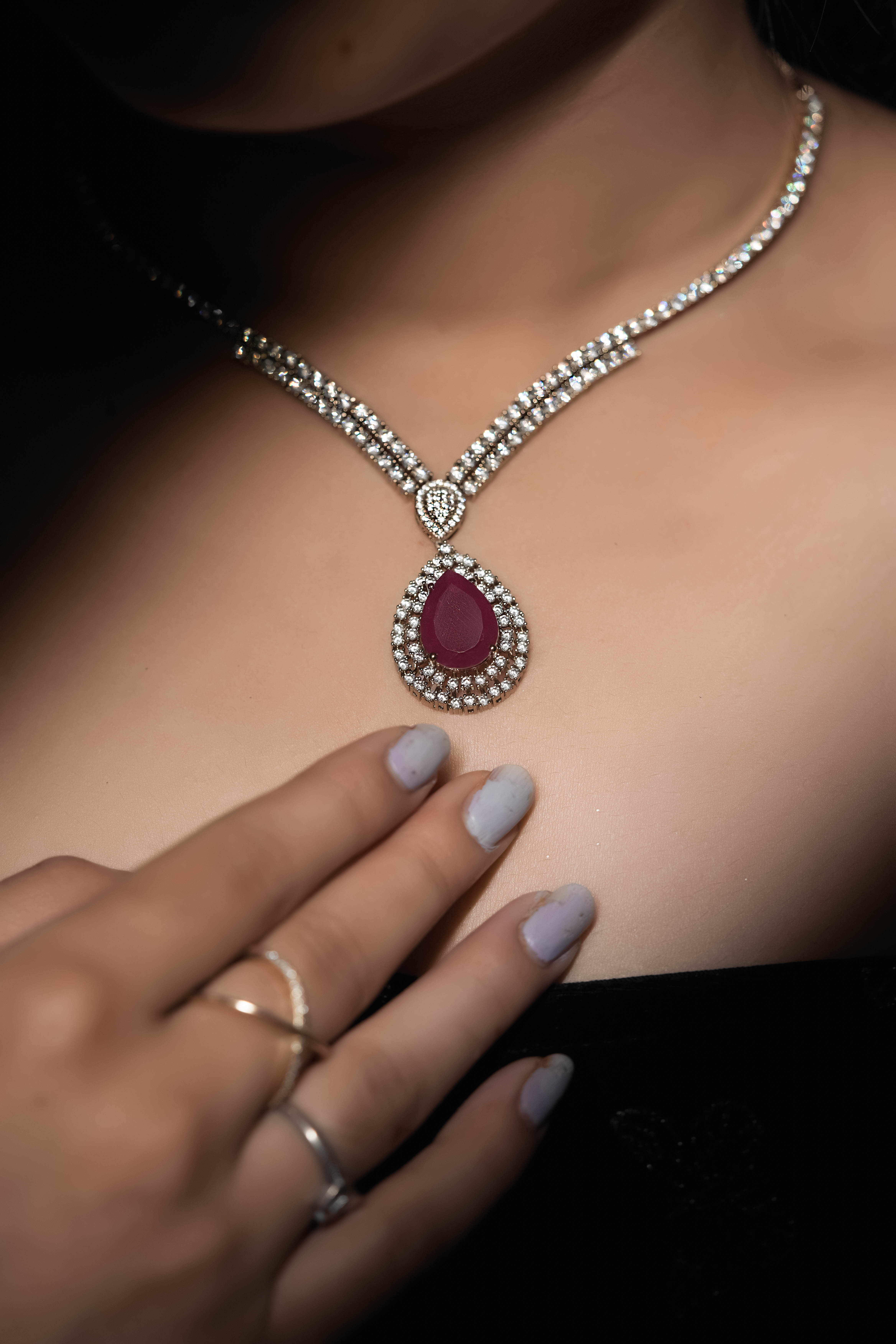 Ruby Teardrop CZ Pendant Necklace Set with Earings | Minimal Jewelery