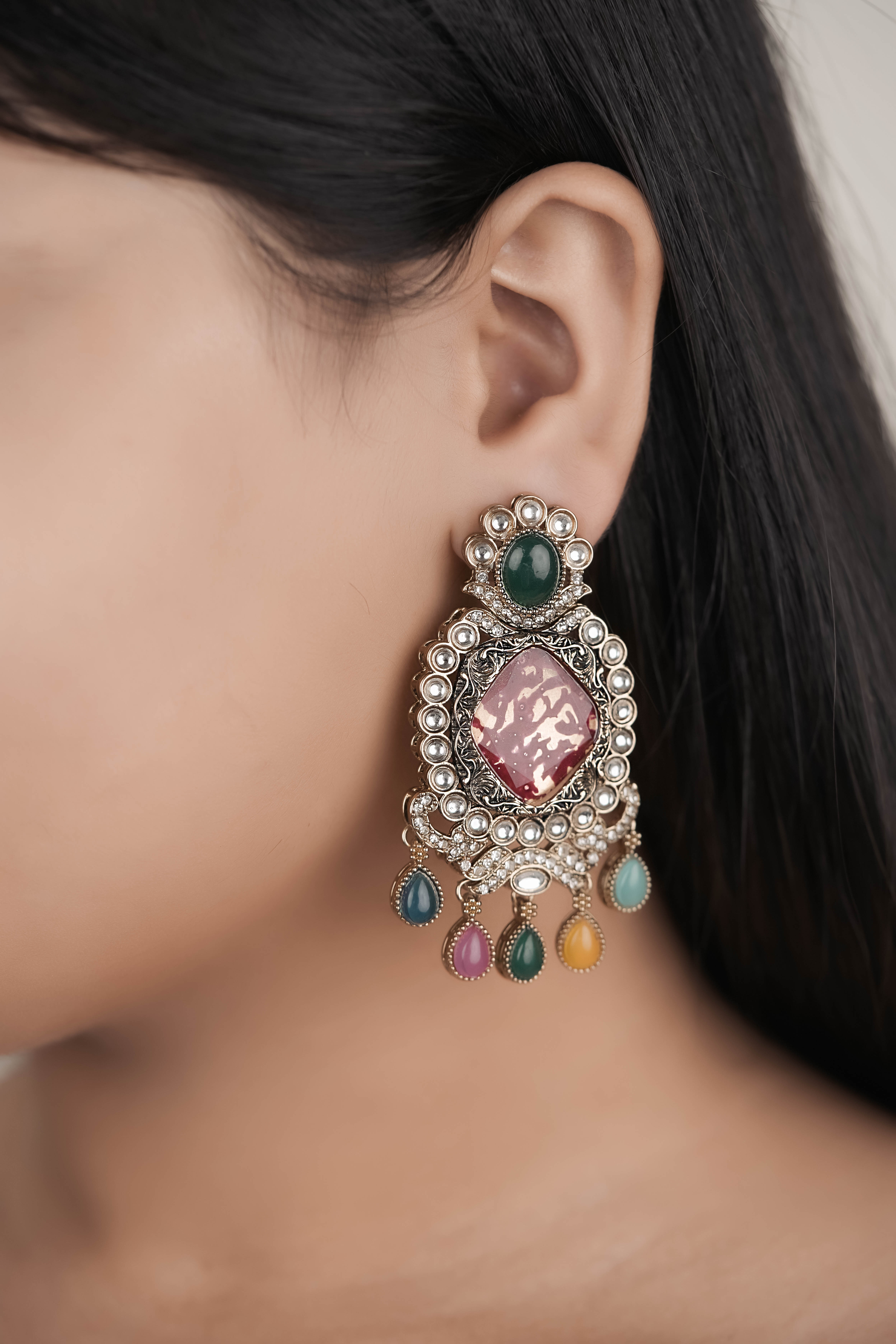 Barsava Multicolor Kundan Statement Earrings