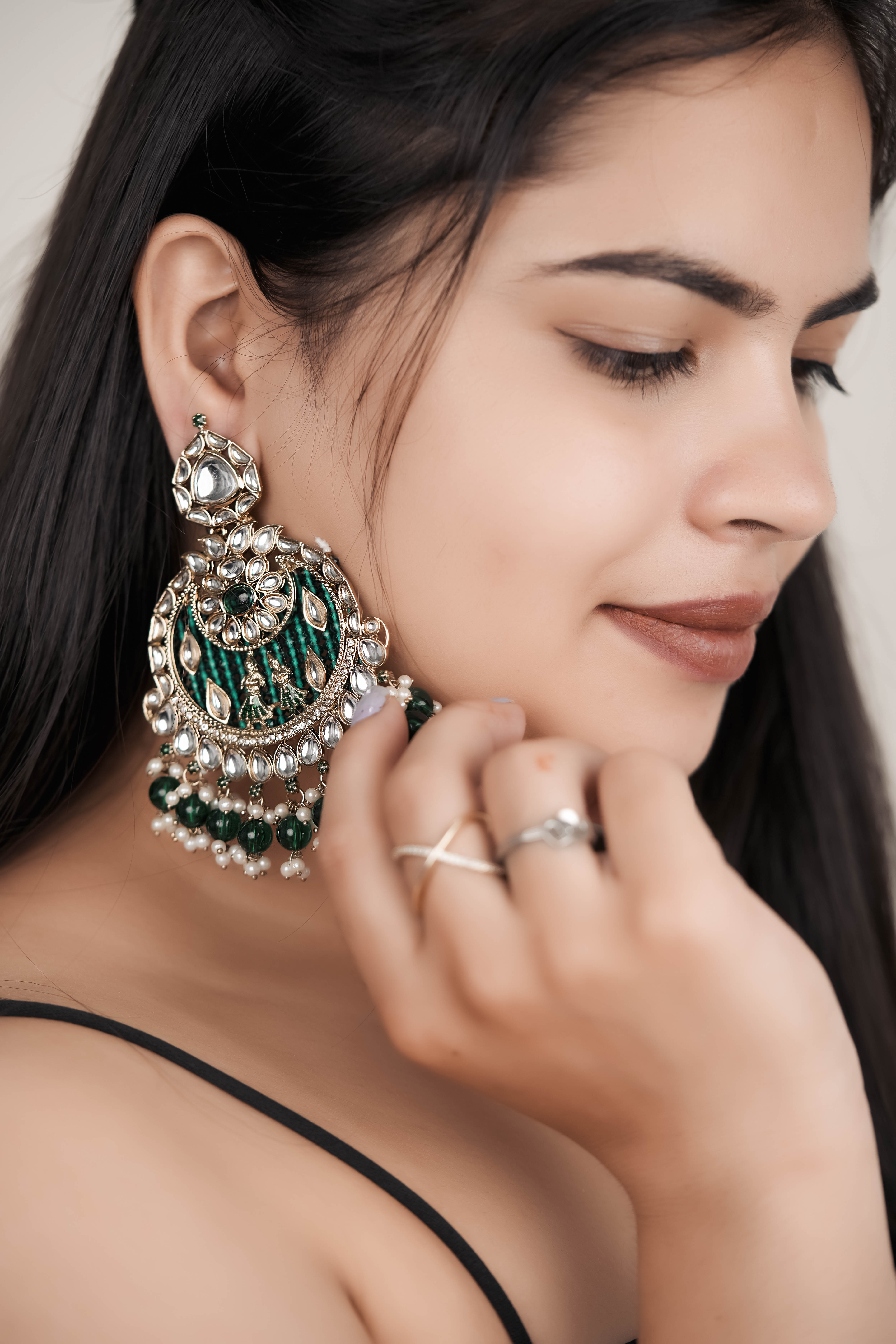 Emerald Green Kundan Chandbali Earrings with Pearl Drops