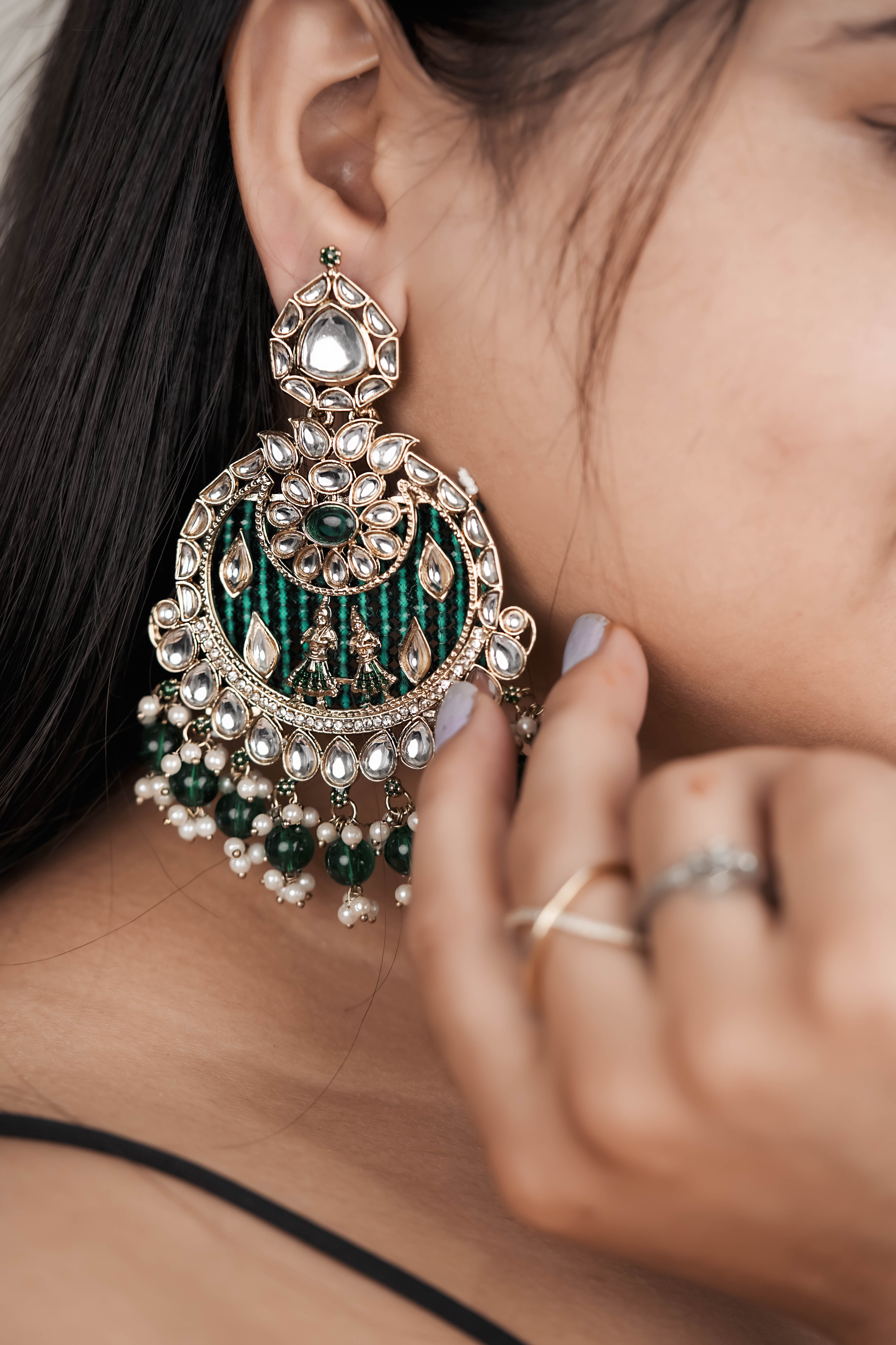 Emerald Green Kundan Chandbali Earrings with Pearl Drops