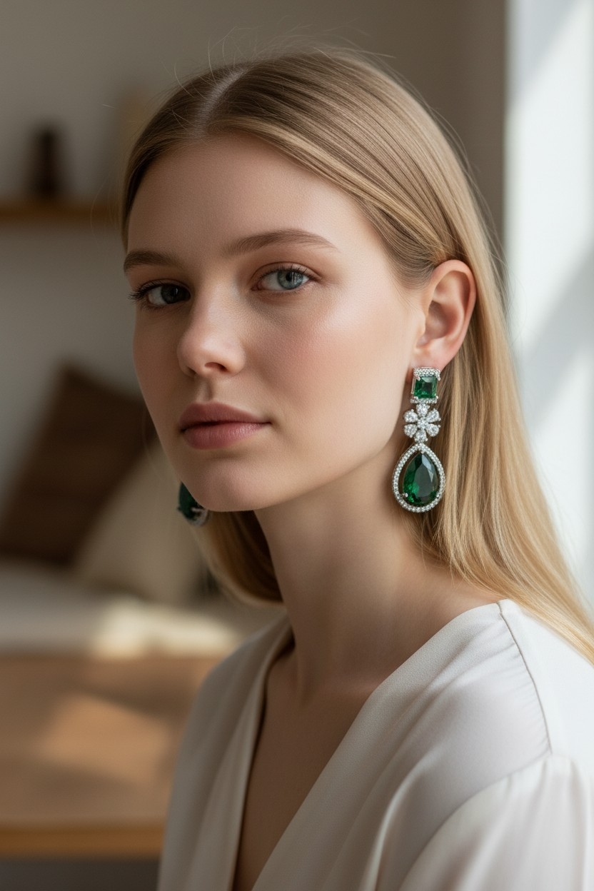BARSAVA Emerald Green Teardrop Floral Drop Earrings